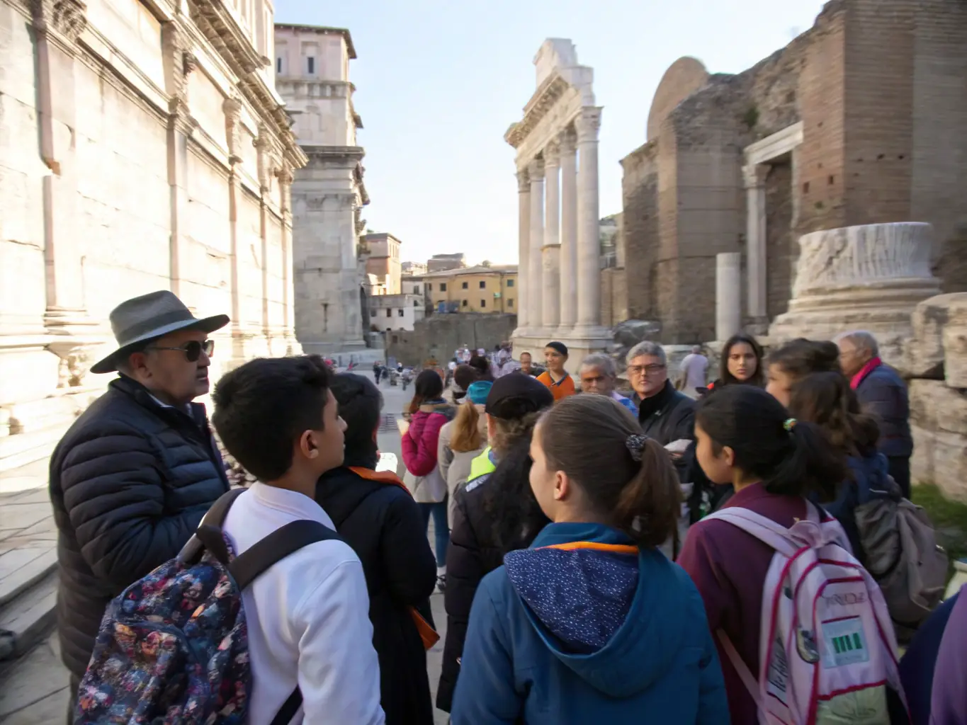 A group of people participating in a guided historical tour of Calorguen, led by a knowledgeable local historian, exploring significant landmarks and sharing stories of the past.
