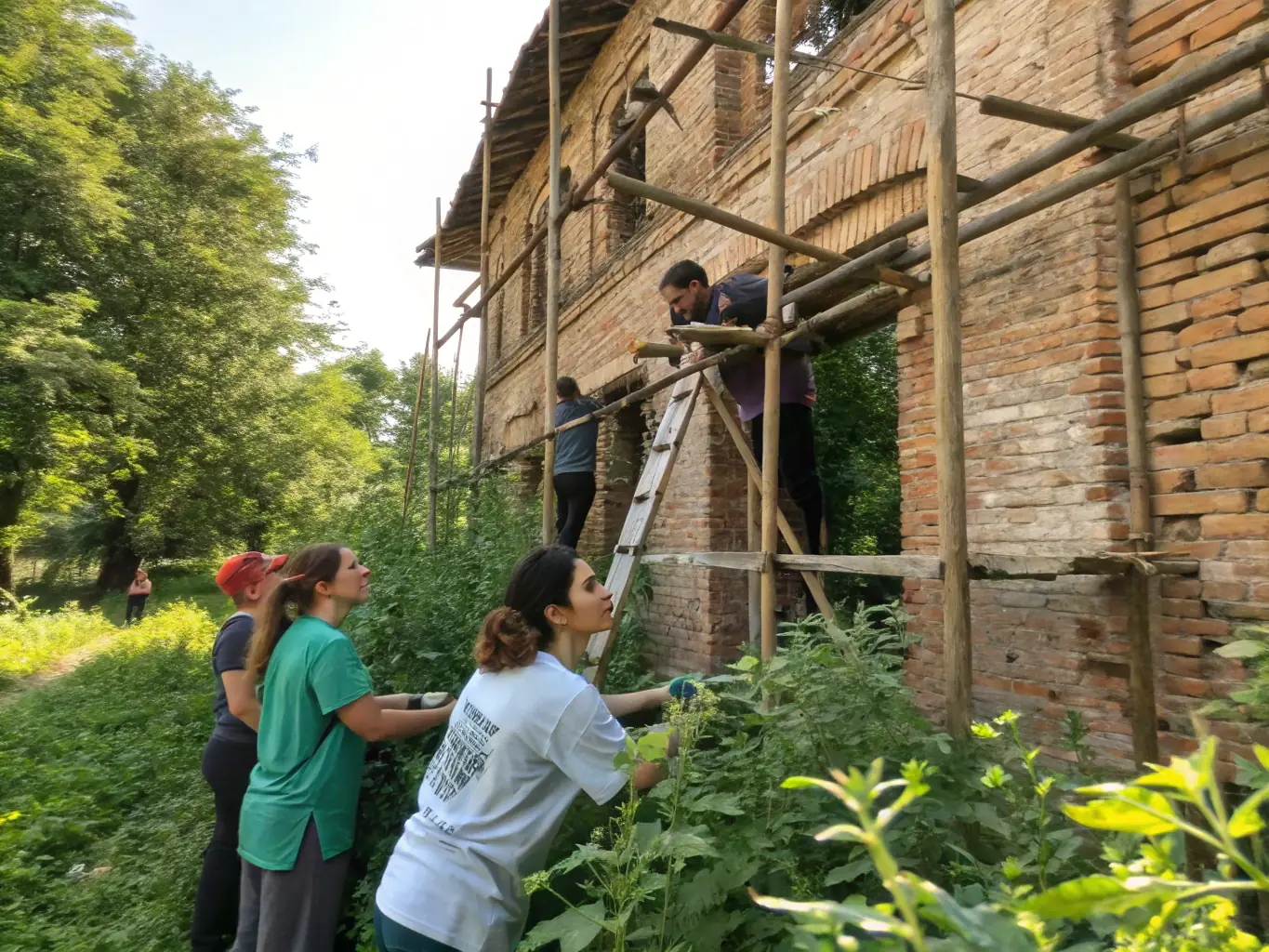 A group of volunteers working together to restore a historic building in Calorguen, focusing on preserving its original architectural details.