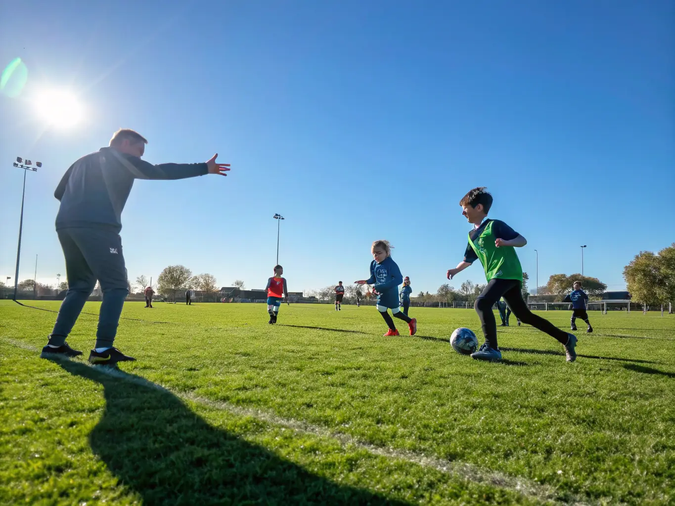 Children participating in a sports program organized by PATRIMOINE AVENIR KARORGUEN, promoting physical activity and teamwork in a fun and supportive environment.