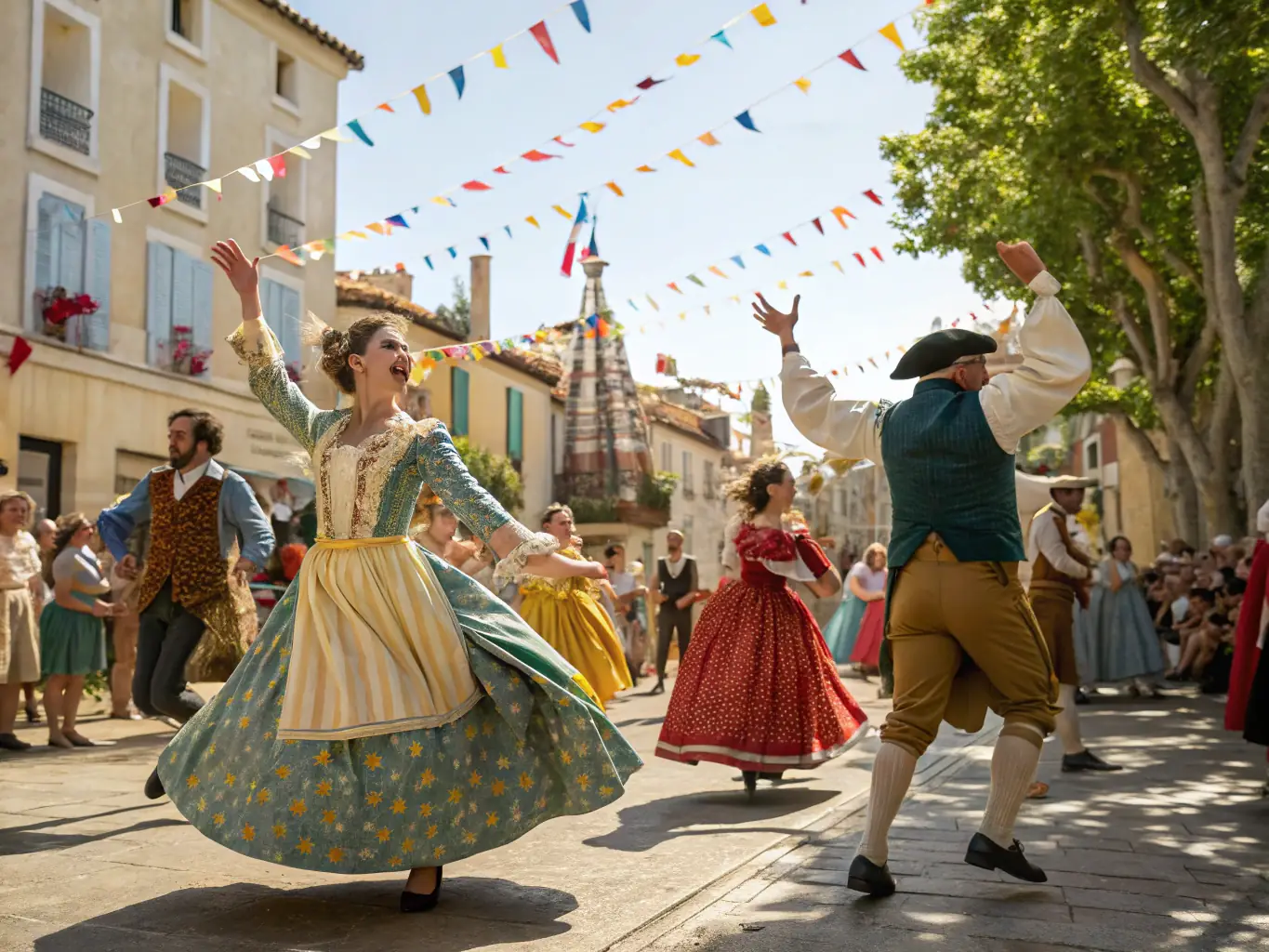 A vibrant scene from a cultural festival in Calorguen, featuring traditional music, dance, and local crafts.