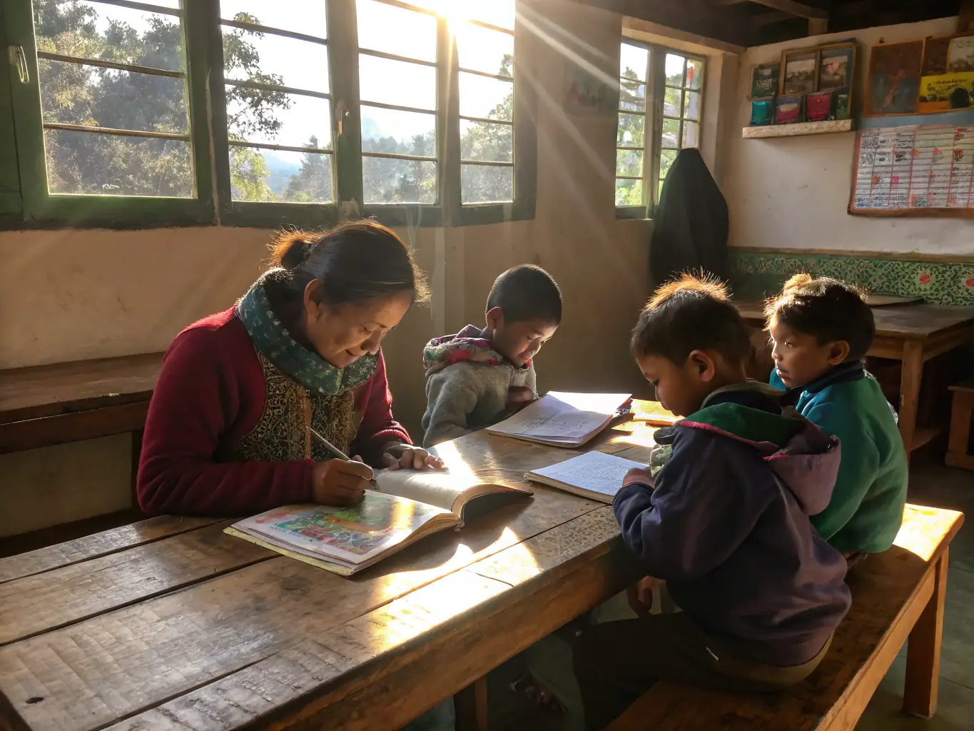 A group of children participating in an educational workshop about local history, led by a PATRIMOINE AVENIR KARORGUEN member.